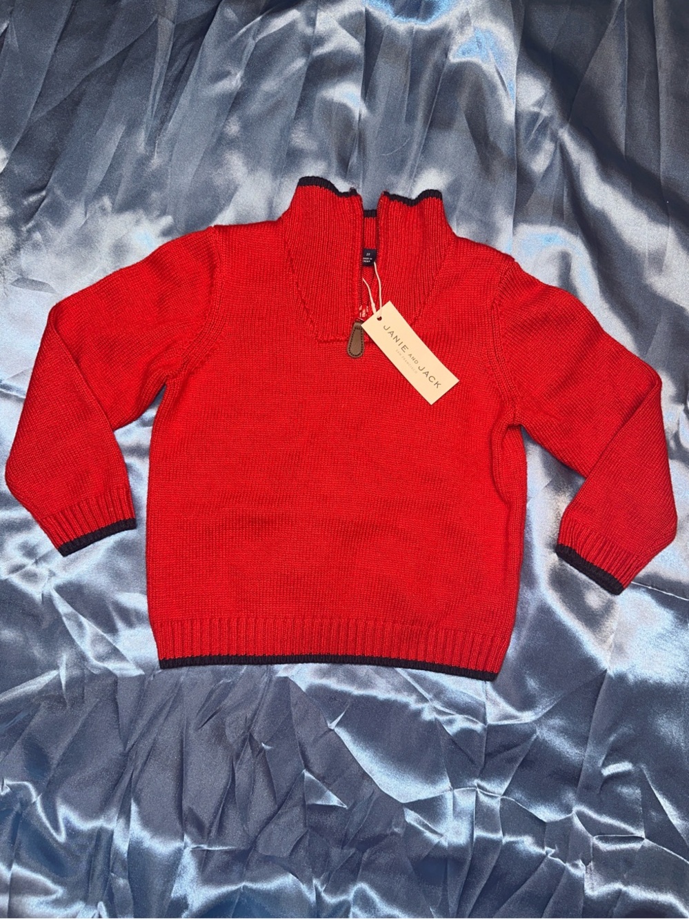 Janie and Jack Bright Red Half-Zip Knit Sweater with Navy Trim